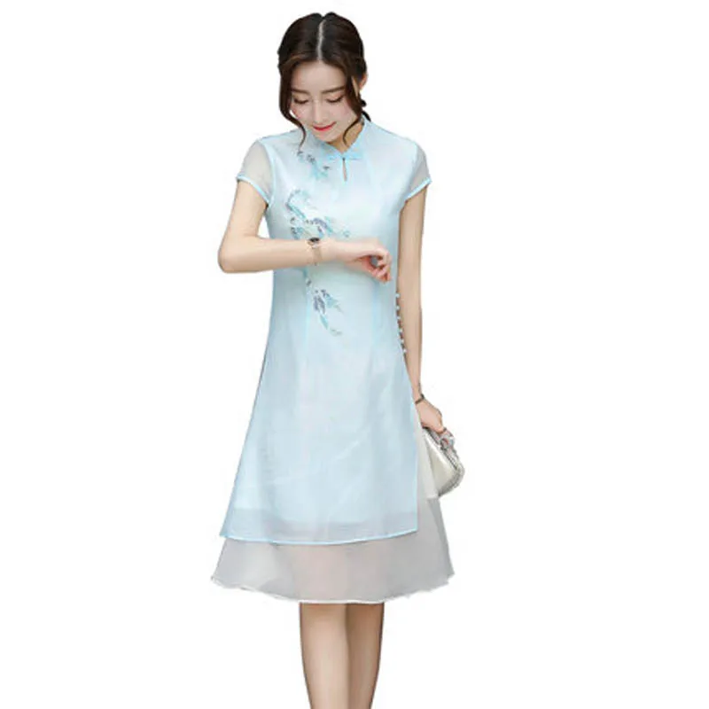 SexeMara Ultra Elegant Chinese Style Women Dress Cheongsam Vintage Summer Chiffon Retro Embroidery Vestidos HFJ026 | Женская одежда
