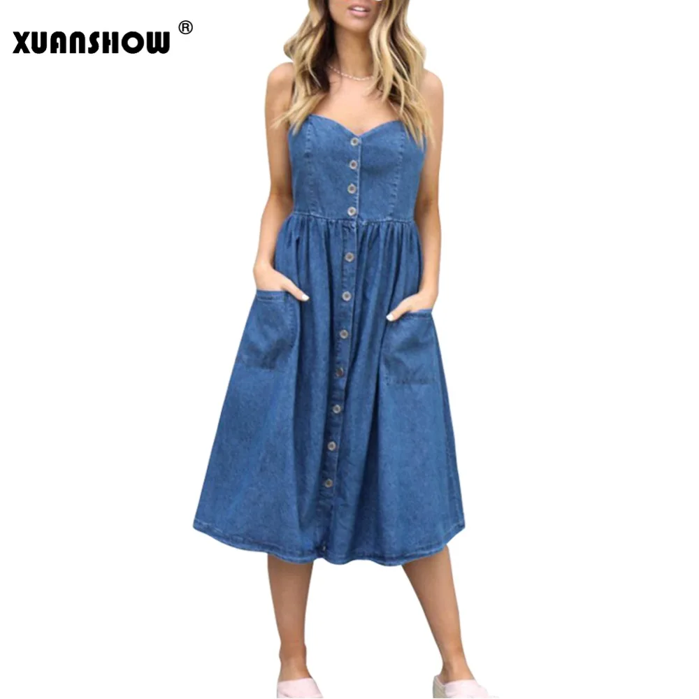 XUANSHOW 2018 модные элегантные женские джинсовые платья с открытой спиной и карманами