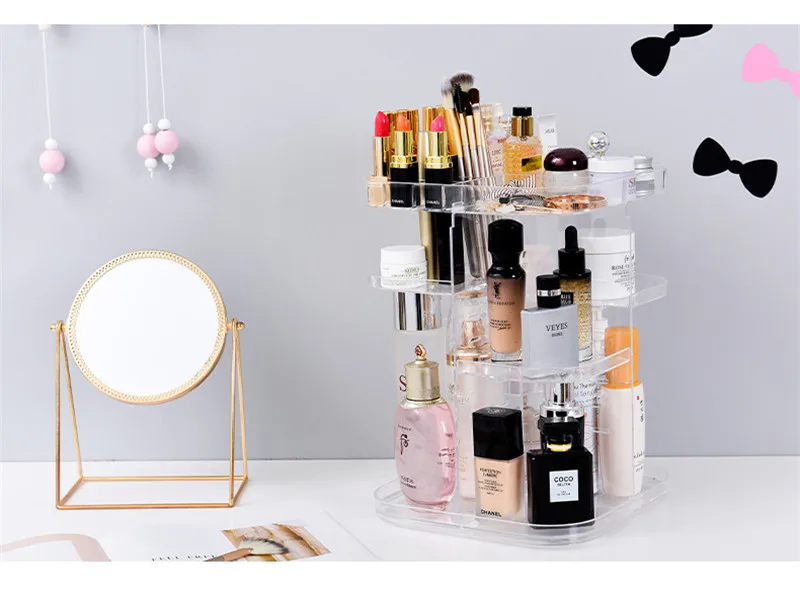 360-degree Rotating Makeup Organizer cosmetic Display Case round jewelry storage rack box Adjustable Cosmetic Storage Rack