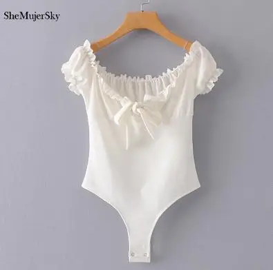 white bodysuit SheMujerSky белый с открытыми плечами оборками Женское боди с бантом Боди женские сексуальные комбинезоны - Цвет: white bodysuit