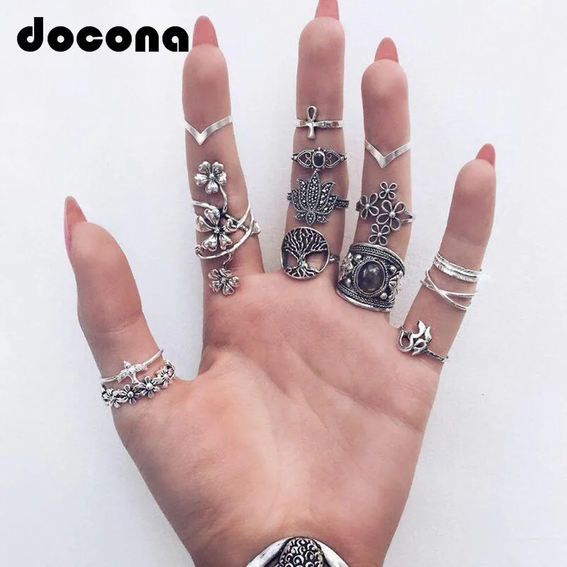 Docona 14 шт./компл. Бохо винтажные серебряные геометрические кольца с крестом и