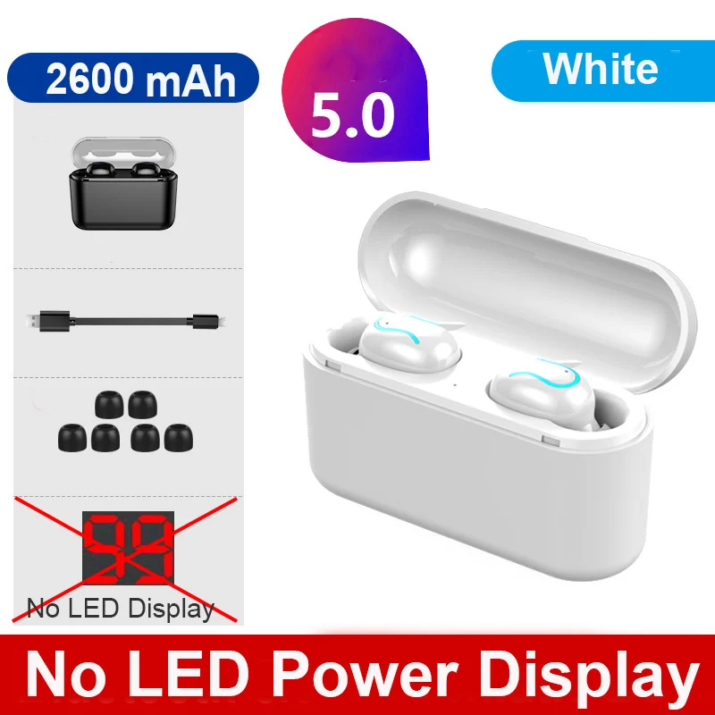 Tws V5.0 Bluetooth наушники, стерео бас, настоящие беспроводные наушники, Спортивные Bluetooth наушники, Мини наушники с 2600 мАч, Дополнительный внешний аккумулятор - Цвет: White No Display
