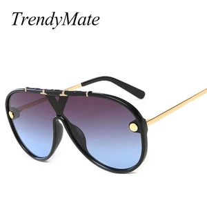 Солнцезащитные очки оверсайз, женские, в стиле стимпанк, синие, серые, большая оправа, металлические дужки, мужские цельные линзы, очки 5388