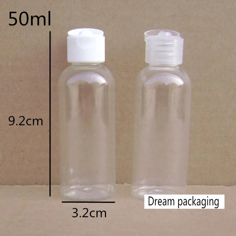 

100pcs 50ml Transparent Flip top cap plastic bottle Small Empty Bottle travel shampoo packaging PET bottles