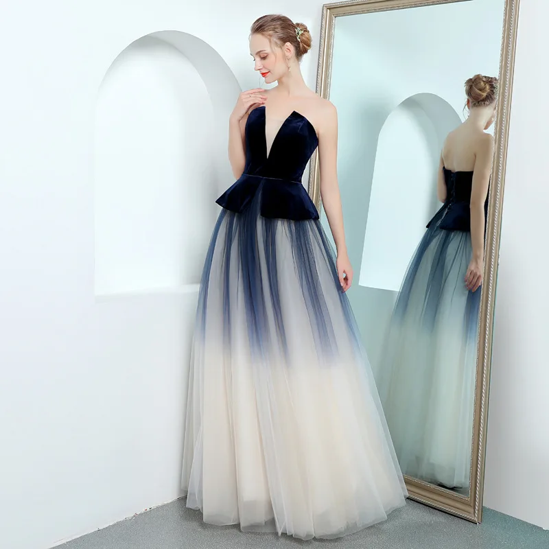 Градиентные темно-синие платья без бретелек с V-образным вырезом бархатные