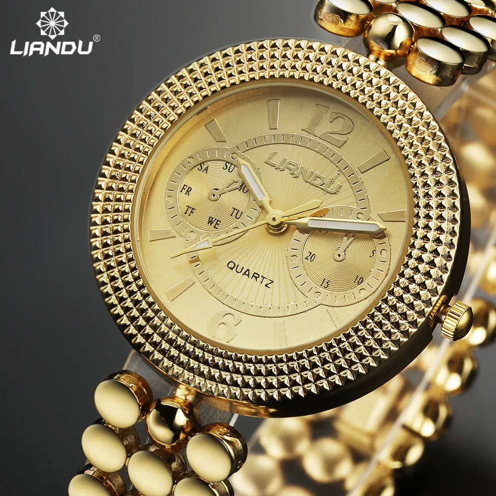LIANDU Новый Мода Дамы Роскошные Золотые Кварцевые Наручные Часы Женщины браслеты