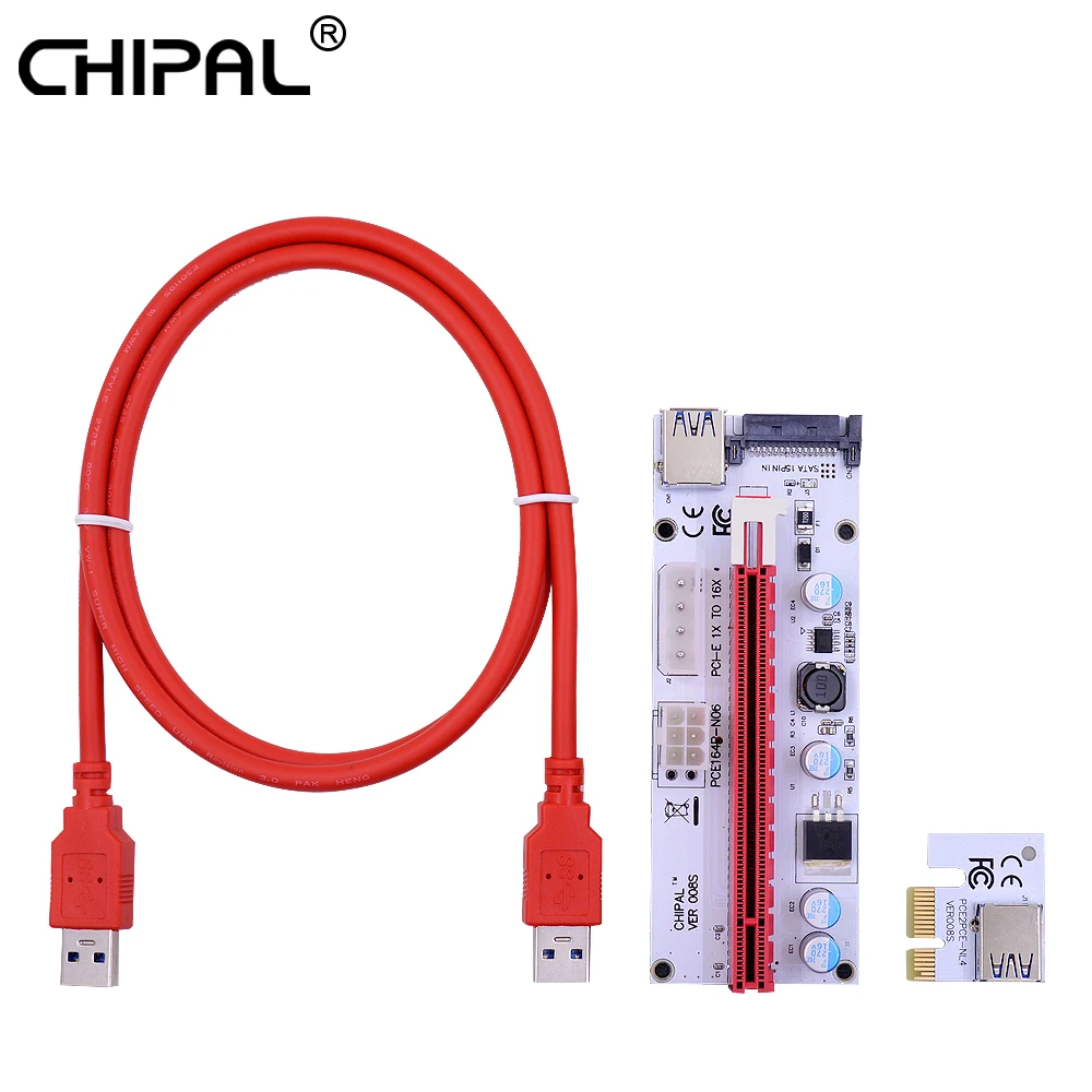 CHIPAL 10 шт. VER008S 100 см PCI E Riser Card 4pin 6pin SATA 3in1 Molex Питание PCIe 1X к 16X Extender BTC BCD LTC шахтер|pcie 1x