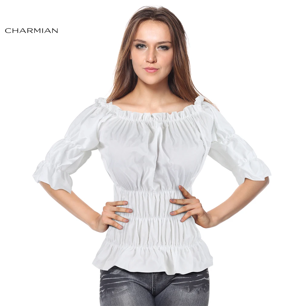 Женская винтажная блузка с открытыми плечами Charmian белый эластичный Топ в стиле