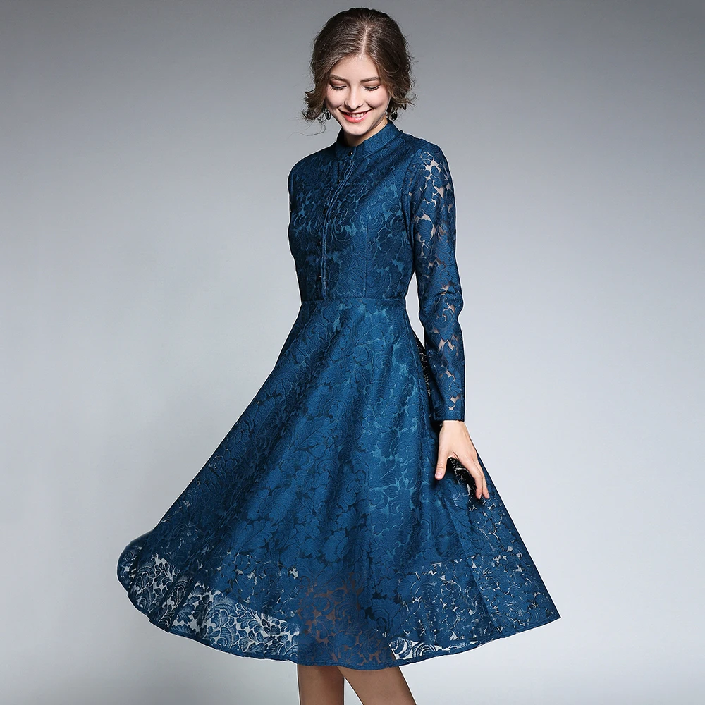 Винтажные синие кружевные платья для женщин осень 2018 платье с длинным рукавом и