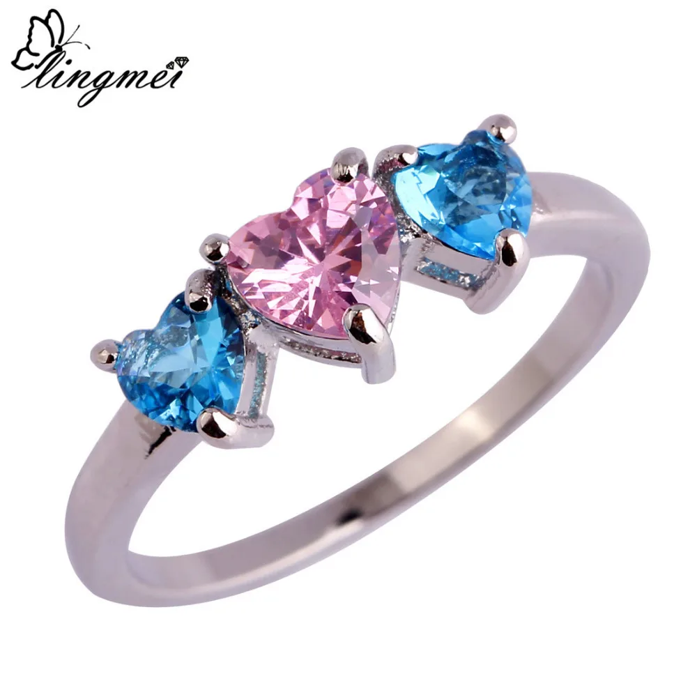 Lingmei распродажа оптом Модное голубое и розовое CZ Серебряное кольцо Размер 6 7 8 9 10 11