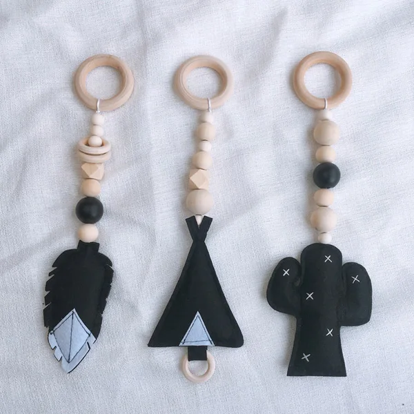 Black-A (3pcs) 3 шт. скандинавский деревянный бисерный орнамент детские игрушки для детей перо Кактус в форме деревянные поделки детская палатка подвесные приборы для декорации - Цвет: Black-A (3pcs)
