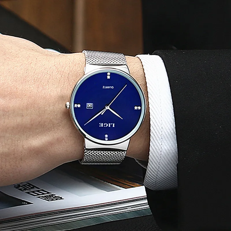 Часы наручные LIGE Мужские кварцевые ультратонкие брендовые простые со стальным