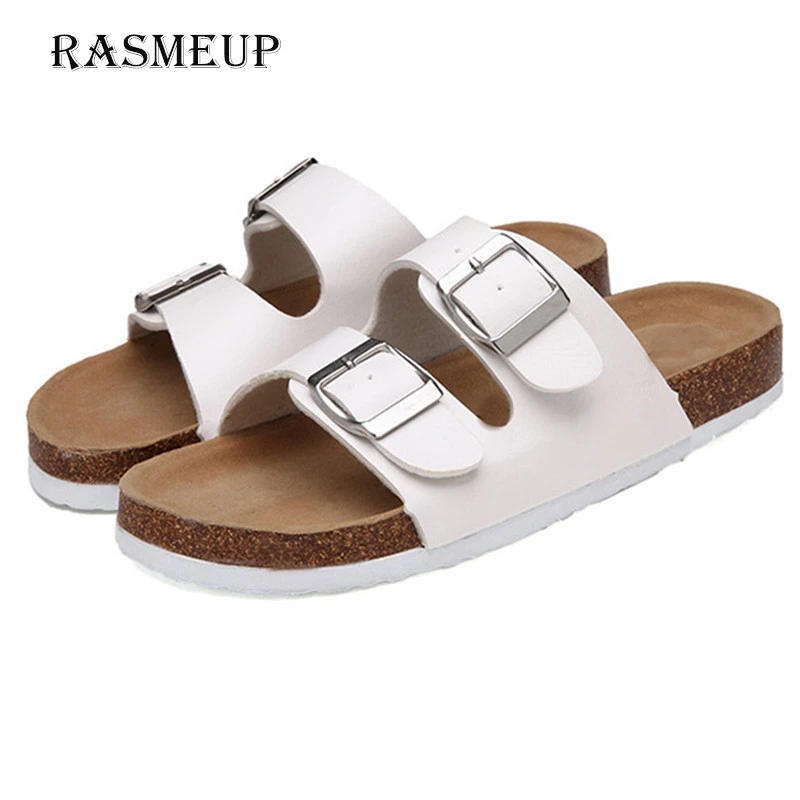 RASMEUP/кожаные женские шлепанцы; коллекция года; Летние Мягкие Вьетнамки с пробковой пряжкой; женские пляжные шлепанцы; повседневные белые женские Вьетнамки; обувь - Цвет: 2