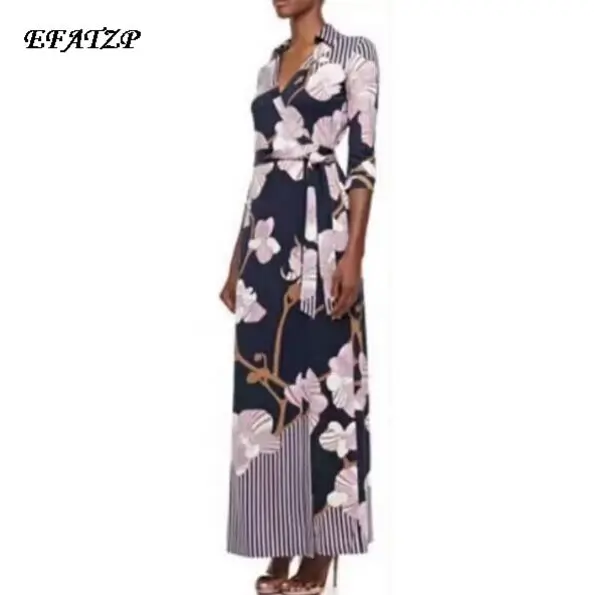 

2016 Autumn Runway Designer Long Dress Women's High Quality 3/4 Sleeve Print Bodycon Signature Maxi Jersey Silk Dress XXL