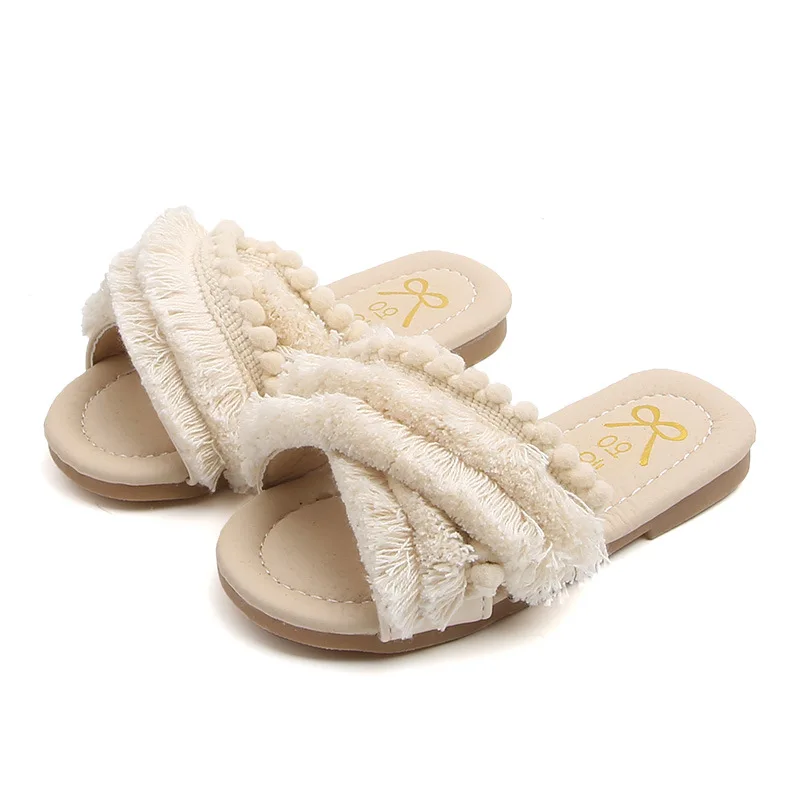 Beige cross Летние детские тапочки для девочек, детские шлепанцы, модные меховые тапочки с кисточками для девочек, домашняя Уличная обувь, бежевый цвет, zapatillas nignos - Цвет: Beige cross