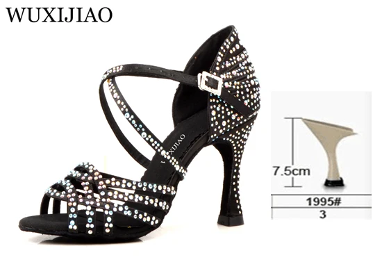 Black heel 7.5cm WUXIJIAO/женские вечерние туфли для сальсы и бальных танцев; туфли для латинских танцев; большие и маленькие стразы; блестящая кожа; черный атлас; Каблук 9 см - Цвет: Black heel 7.5cm
