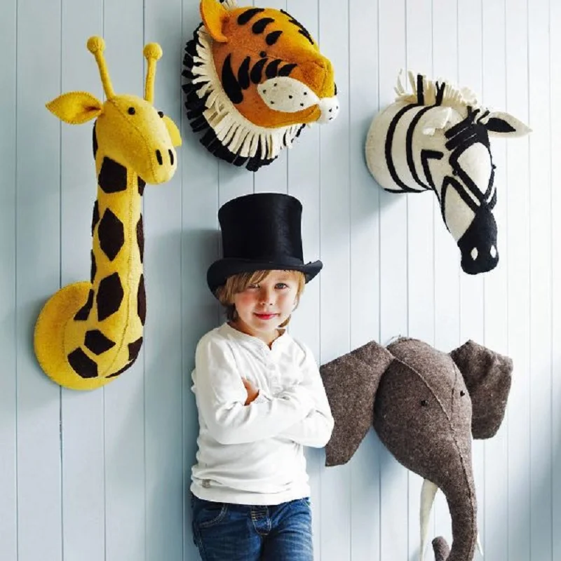 

Animal Elephant Deer Zebra Rabbit Tiger Head Wall Mount Stuffed Toys Bedroom Decor Felt Artwork Wall Hanging Dolls Photo Props