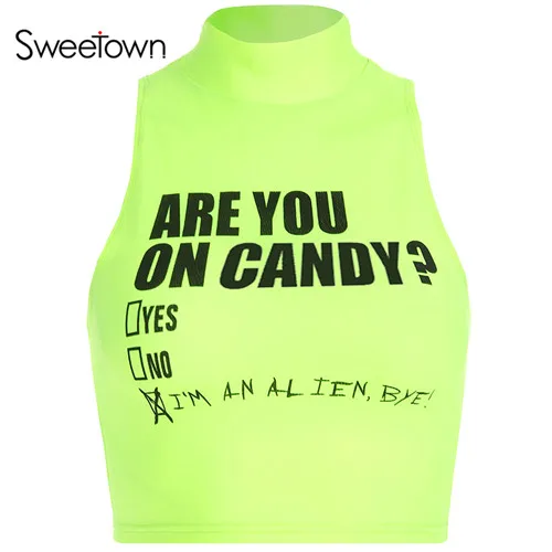 Sweetown флуоресцентный зеленый лето майка женская спортивная одежда мода спереди Письмо печати водолазка Sexy Bralette Растениеводство Топ - Цвет: fluorescent green