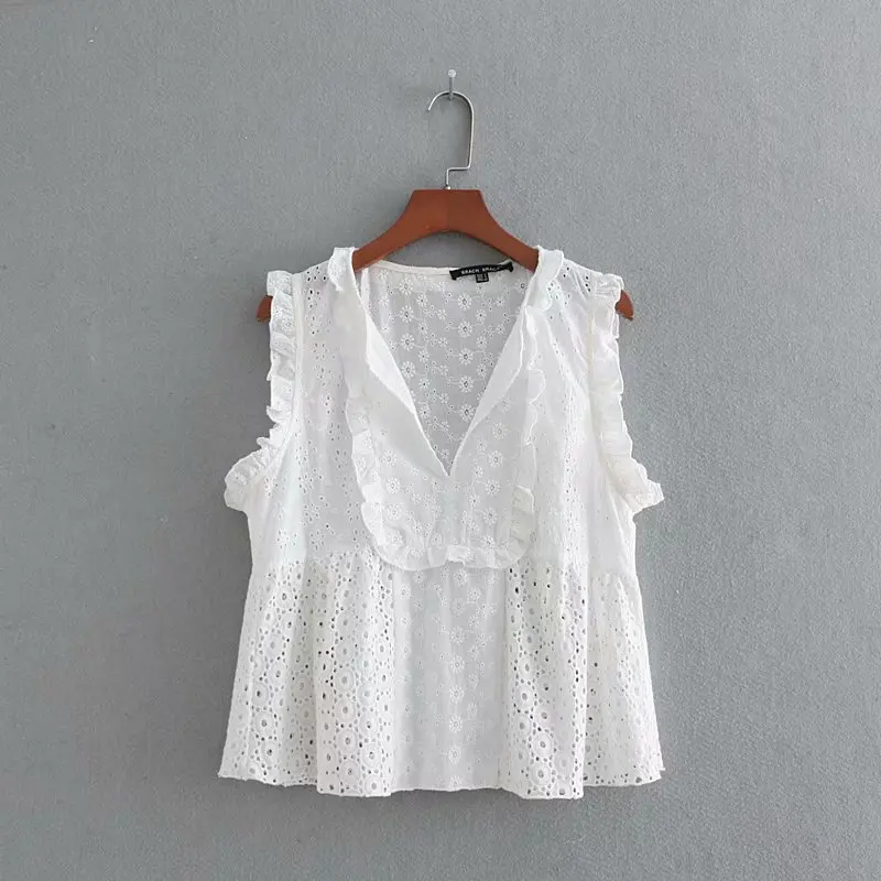 2018 красивые женские без рукавов выдалбливают Вышивка жилет белый халат рубашка