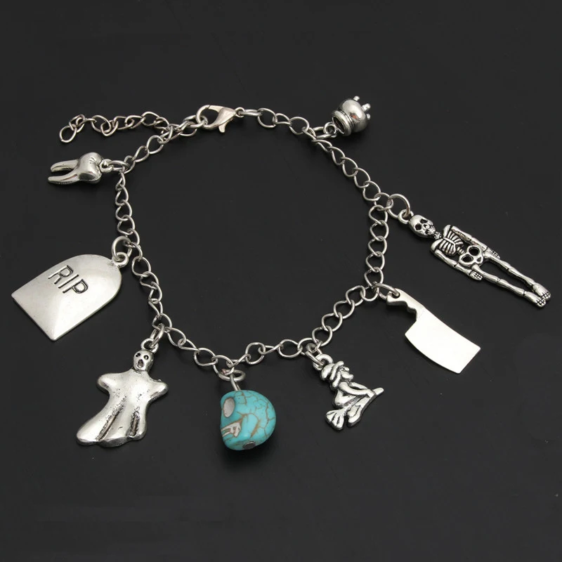 1pc Halloween Gift Skull Witch Tooth RIP Knife Charms Chain Link Bracelet For Men Women Jewelry E2017 | Украшения и аксессуары