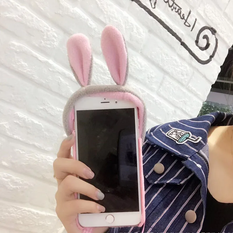 JiBan для iPhone X Case роскошный 3D теплые чехлы для телефонов PC зимние меховые миленький плюшевый кролик шапка на заднюю панель для iPhone 6s 7 8 Plus Coque