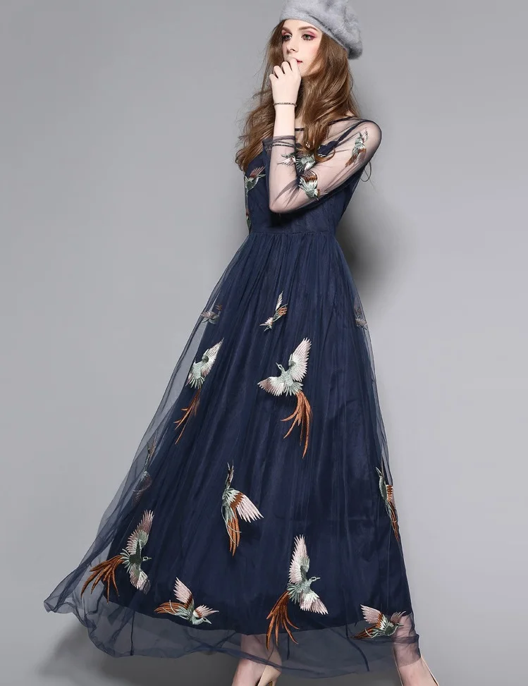 Женское Сетчатое платье с вышивкой птицы синее плиссированное длинным рукавом в