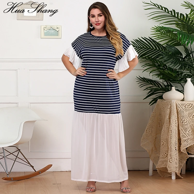 Женское длинное платье в полоску с круглым вырезом и коротким рукавом | Женская