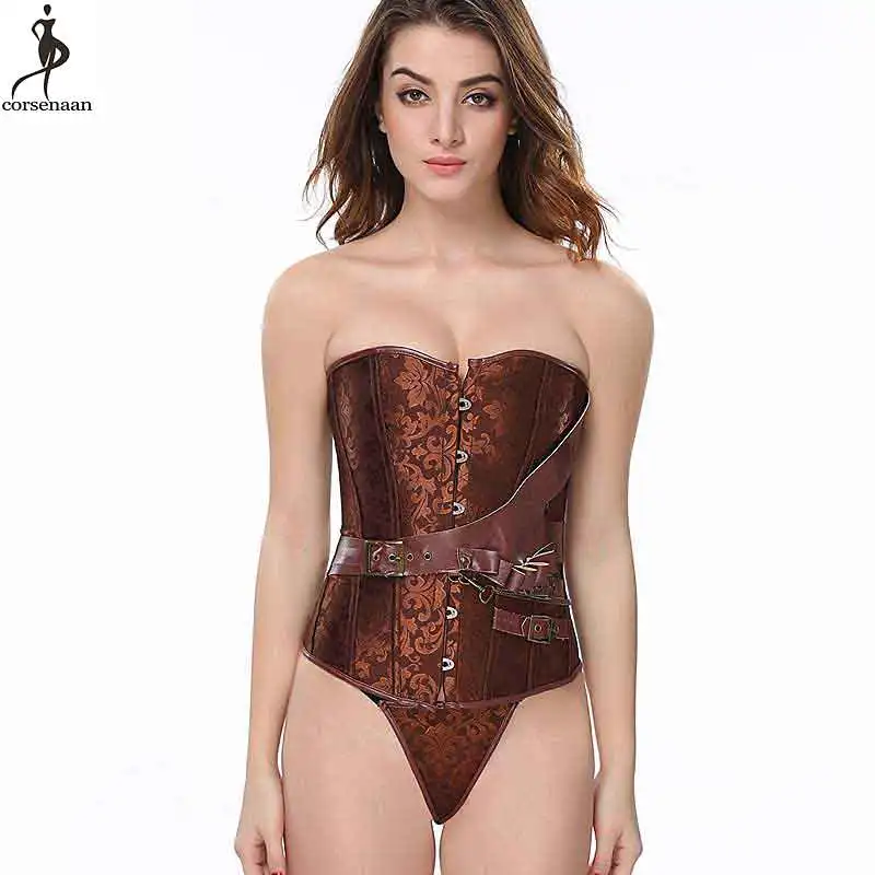 Brown Steampunk Corset Plus Size Outfit Overbust Gothic Korse Elastic Boned Retro Women Bustier Jacquard Floral Korset T-string
