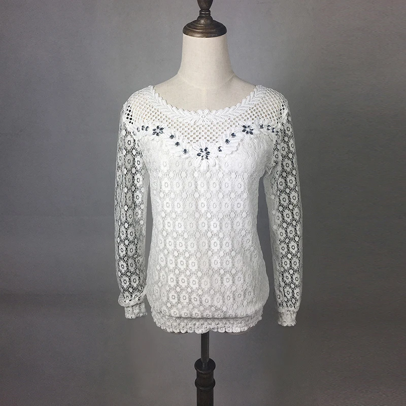 2017 Hot Sell Women Lace Shirt Slim Tops Beaded Embroidery Neck Short Sleeve Hollow Crochet Chiffon Blouse Plus Size |