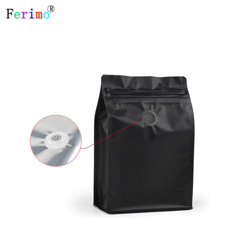 50pcs Eight-sided zipper bag flat bottom black aluminum foil ziplock bags stand up pouches for air valve coffee bean wholesales