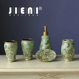 JIENI Фарфоровые аксессуары для ванной комнаты Набор в китайском стиле сантехника мыльница зубная щетка держатель Зубная чашка Ванная комната 5 шт. набор - Цвет: KXP2004-12