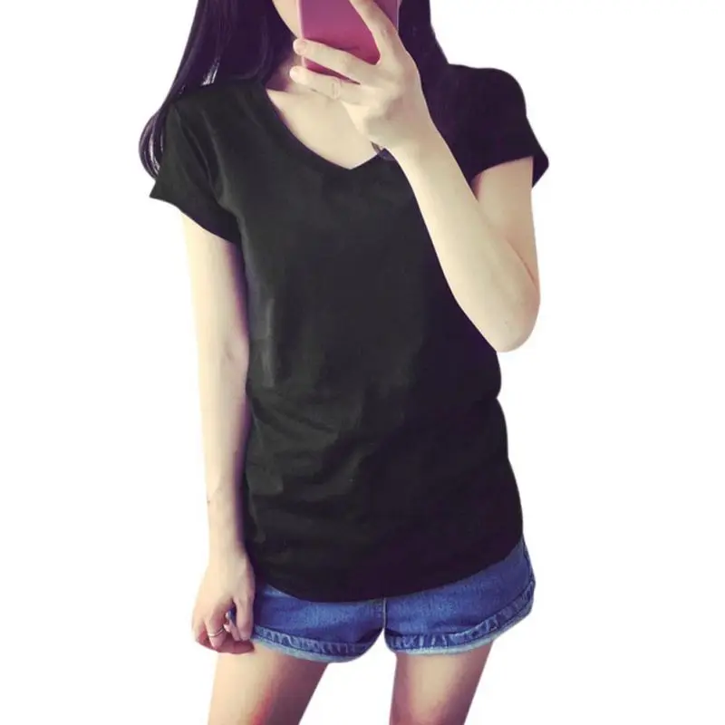 Высокое качество модная однотонная Базовая футболка с v образным вырезом для