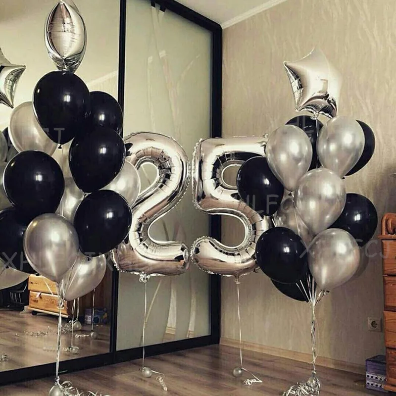 25 шт./партия, 40 дюймов, серебро, номер 25, воздушные шары для взрослых, украшения для дня рождения, детская звезда, черный латексный Гелиевый шар, юбилей