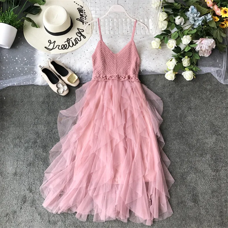 

Fashion Sexy Strap Sleeveless Tube Top Solid Dress Women 2019 Summer Boho Knit Stitching Long Mesh Dress Fluffy Cake Dresses
