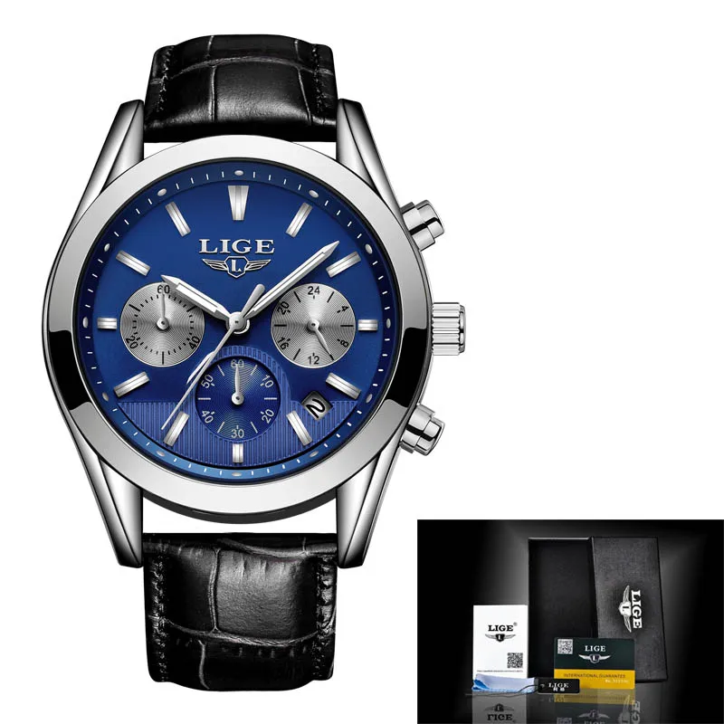 Silver blue L Relojes Hombre LIGE мужские часы Лидирующий бренд Роскошные коричневые кожаные деловые кварцевые часы мужские военные спортивные водонепроницаемые часы - Цвет: Silver blue L