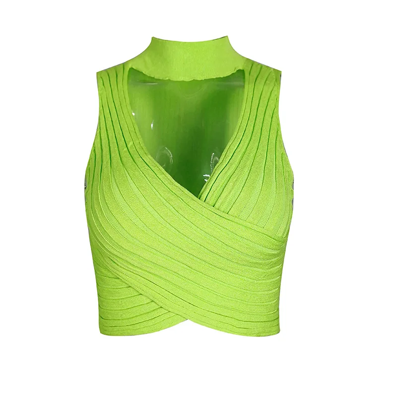 Зеленый ZHYMIHRET Summer V Neck Halter Ribbed Tank Tops Women Knitted Wrap Ruched Festival Sexy Neon Crop Tops Female Haut Femme - Цвет: Зеленый