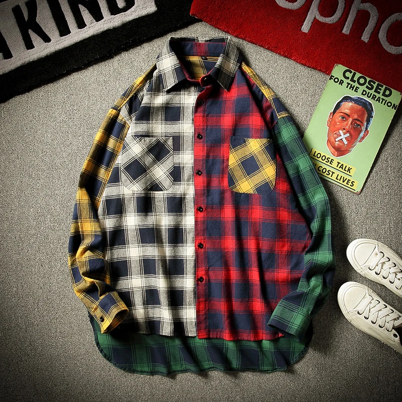 Для отдыха осень High Street Хип Хоп негабаритных Пара рубашка Мужская Япония Харадзюку винтажные клетчатые Лоскутные рубашки для мужчин и женщин