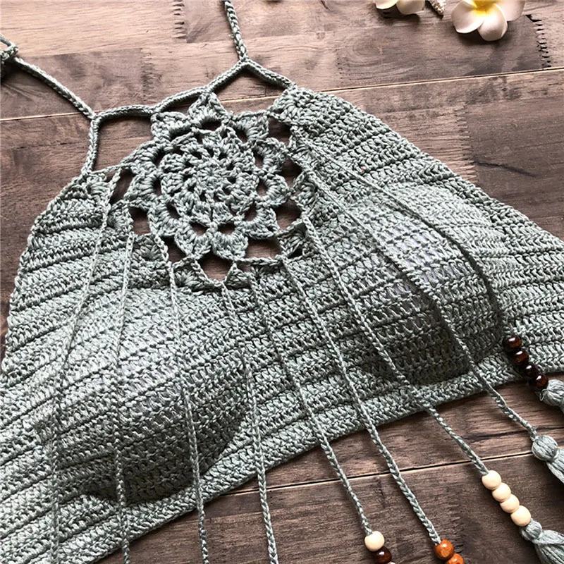 Зеленый Boho пляж бикини Холтер Cami женщины крючком кружева Bralette вязать бюстгальтер Танк укороченный топ - Цвет: Зеленый