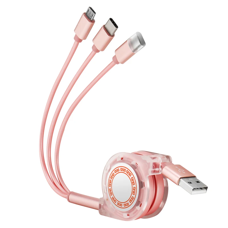 Type-c micro 3 в 1 Выдвижной 3A USB кабель для быстрой зарядки redmi note7pro для iPhone XS 8Plus для samsung s10 note9 для huawei P30 - Цвет: Розовый
