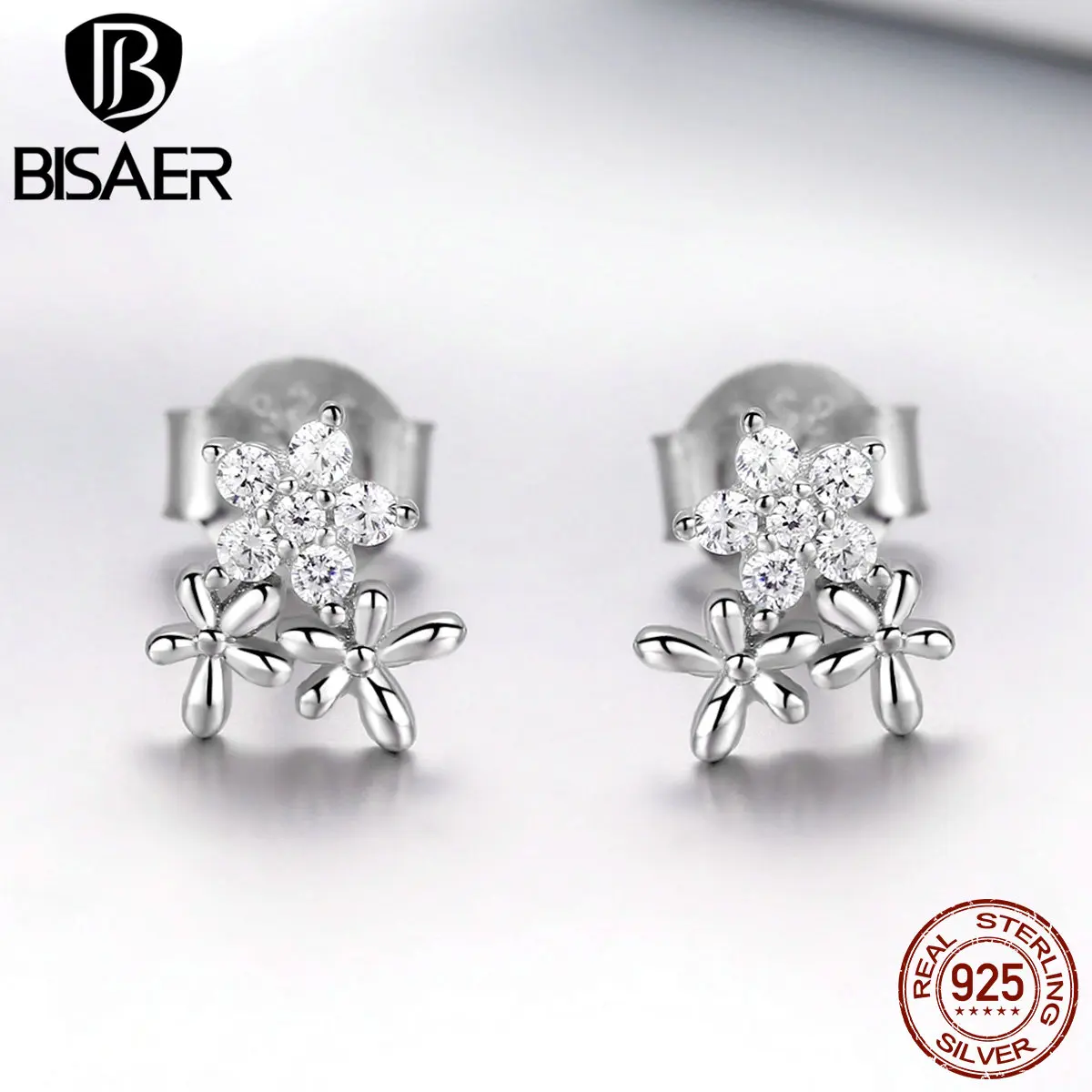 BISAER,, 925 пробы, серебряные, блестящие, звезда, циркон, цветок, серьги-гвоздики для женщин, маленькие, модные серьги, ювелирное изделие EFE030