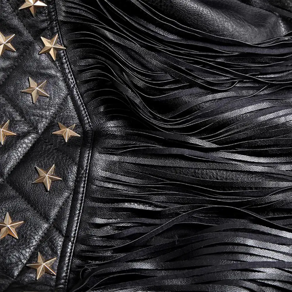 SX 2019 autumn winter new fashion female short Slim fit pu leather black motorcycle beading rivet tassel leather jacket