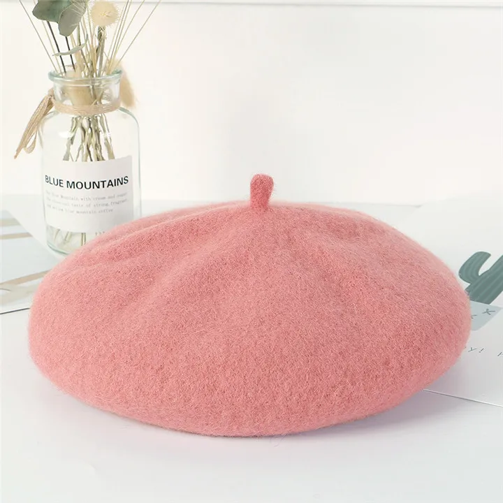 pink Зимний теплый шерстяной берет, женские шапки французского художника для женщин, плоская шапка, вязаные шапки-бини, женские береты для девочек, женская шапка для художника - Цвет: pink