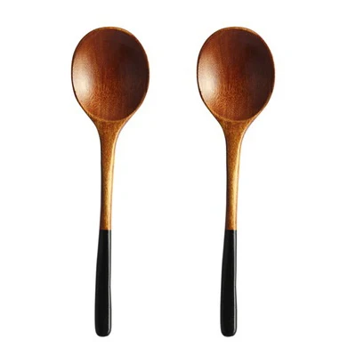 2pcs Black 2шт. Деревянные ложки, красная / черная ложка, японская стильная большая ложка для супа для риса, детская ложка, десертная ложка, ложка мороженого, ложка для кофе, деревянная посуда, кухонная утварь принадлежности - Цвет: 2pcs Black