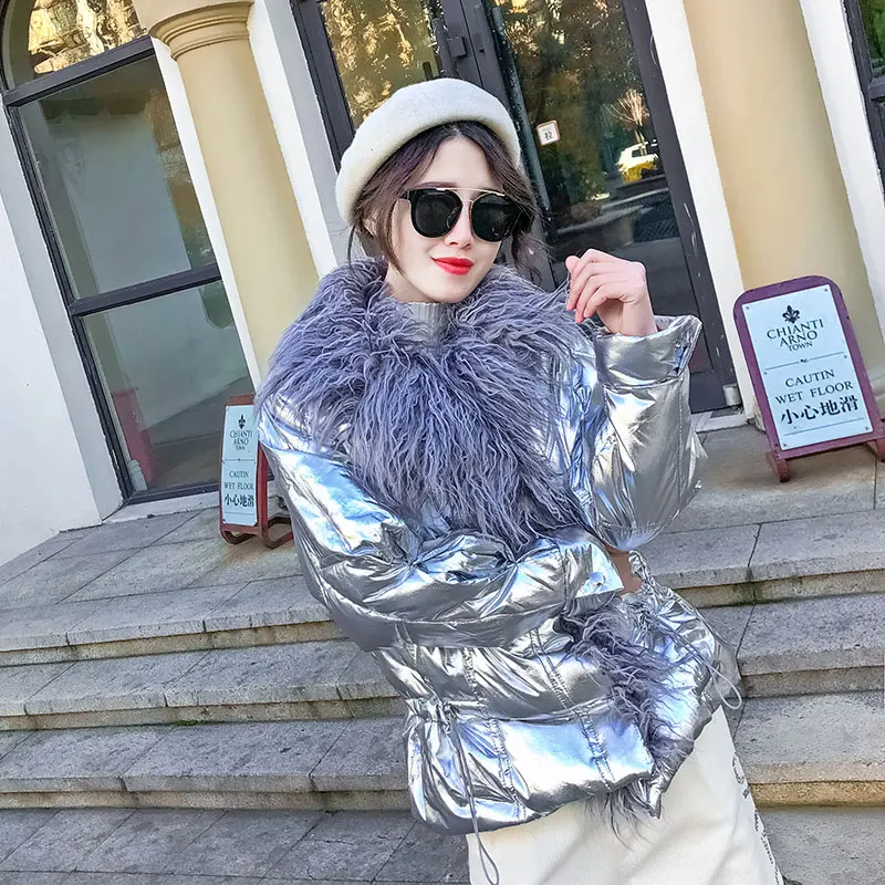 Пуховик женский зимний серебристый пуховик из хлопка глянцевый 2019 золотой
