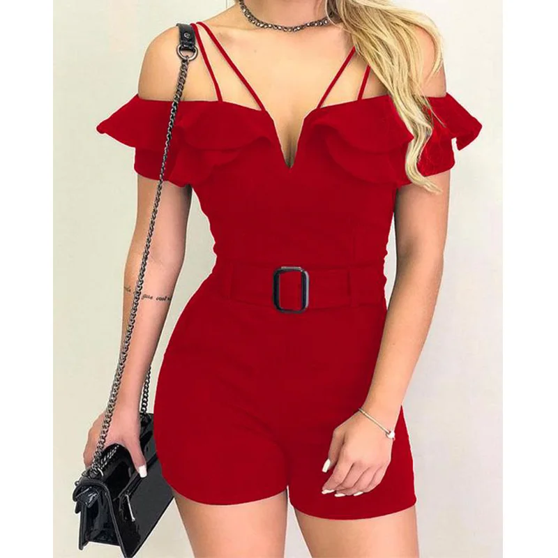 Женский многослойный комбинезон с оборками открытые плечи элегантный v образным