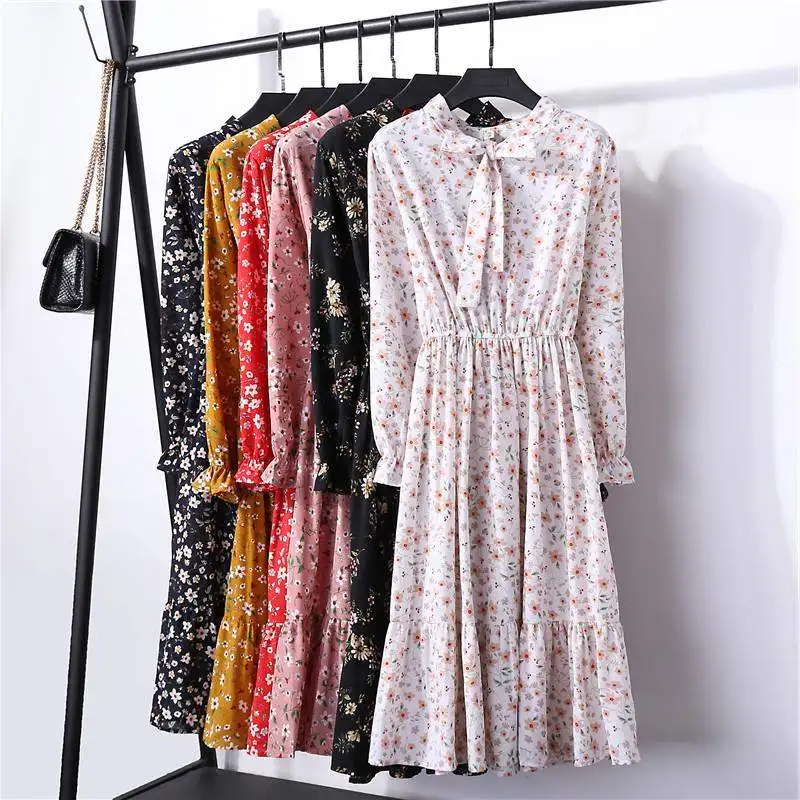 2019 весенне летнее женское платье с цветочным шифоновым длинным рукавом
