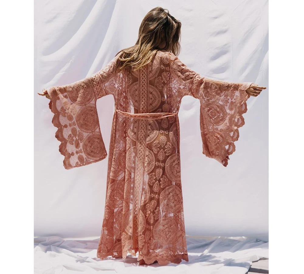 Прозрачное Кружевное длинное кимоно с принтом 2018 осень оверсайз расклешенными