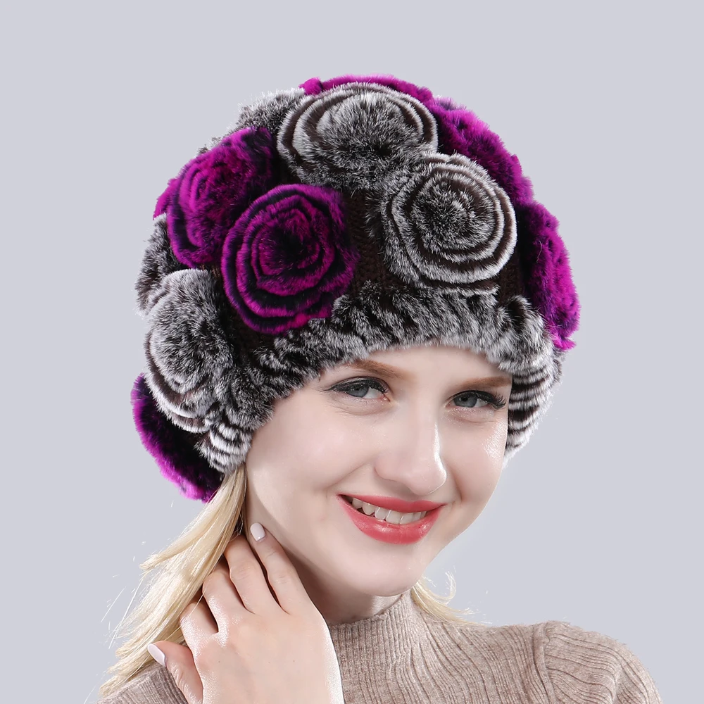 Новая Женская эластичная шапка с цветами, настоящий мех кролика, зимняя вязаная Цветочная шапка из натурального меха, женские пушистые шапки из натурального меха
