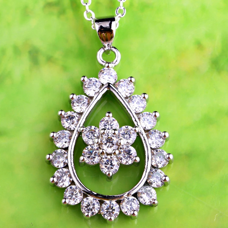 

JROSE Wholesale Women Exquisite Flower White CZ Silver Color No Chain Pendant Necklace Fashion Engagement Jewelry