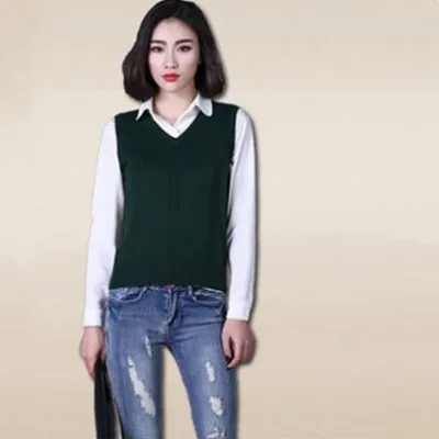 Dark green LHZSYY осень зима шерстяной жилет женский v-образный вырез вязаный сплошной цвет без рукавов кашемировый свитер жилет короткий параграф хеджирующая куртка - Цвет: Dark green